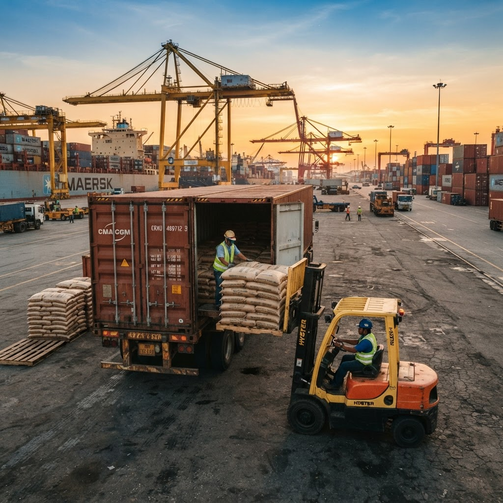 Shipping container being loaded with bagged pumice at an export port