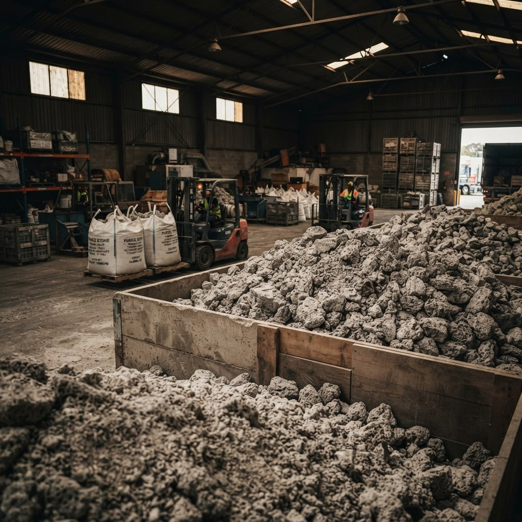 Piles of natural Turkish volcanic pumice stone in an export warehouse